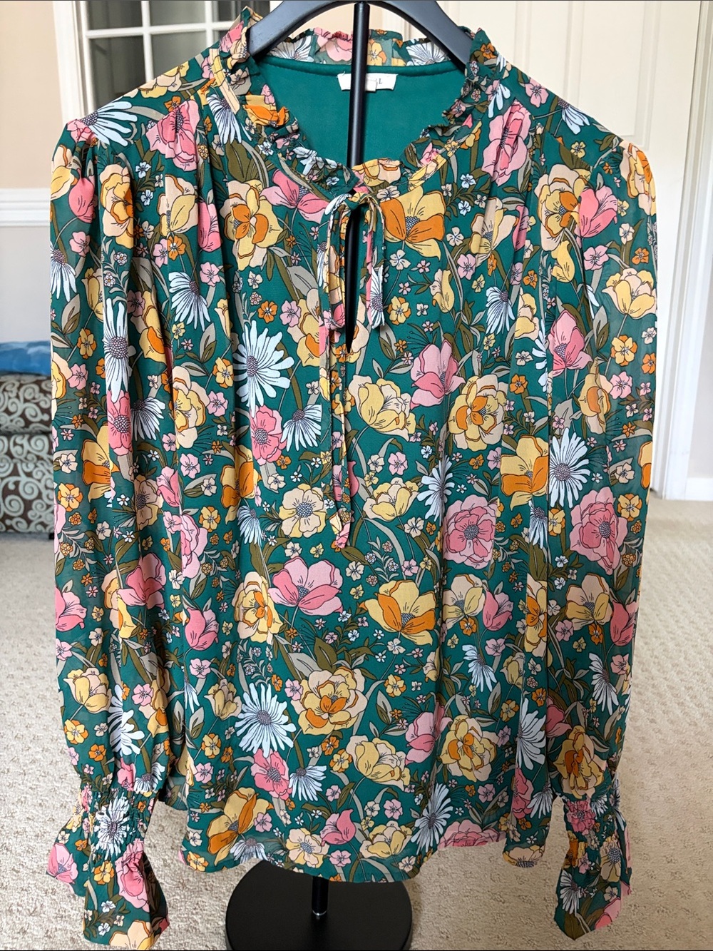 JODIFL Teal Floral Ruffle Tie-Neck Blouse